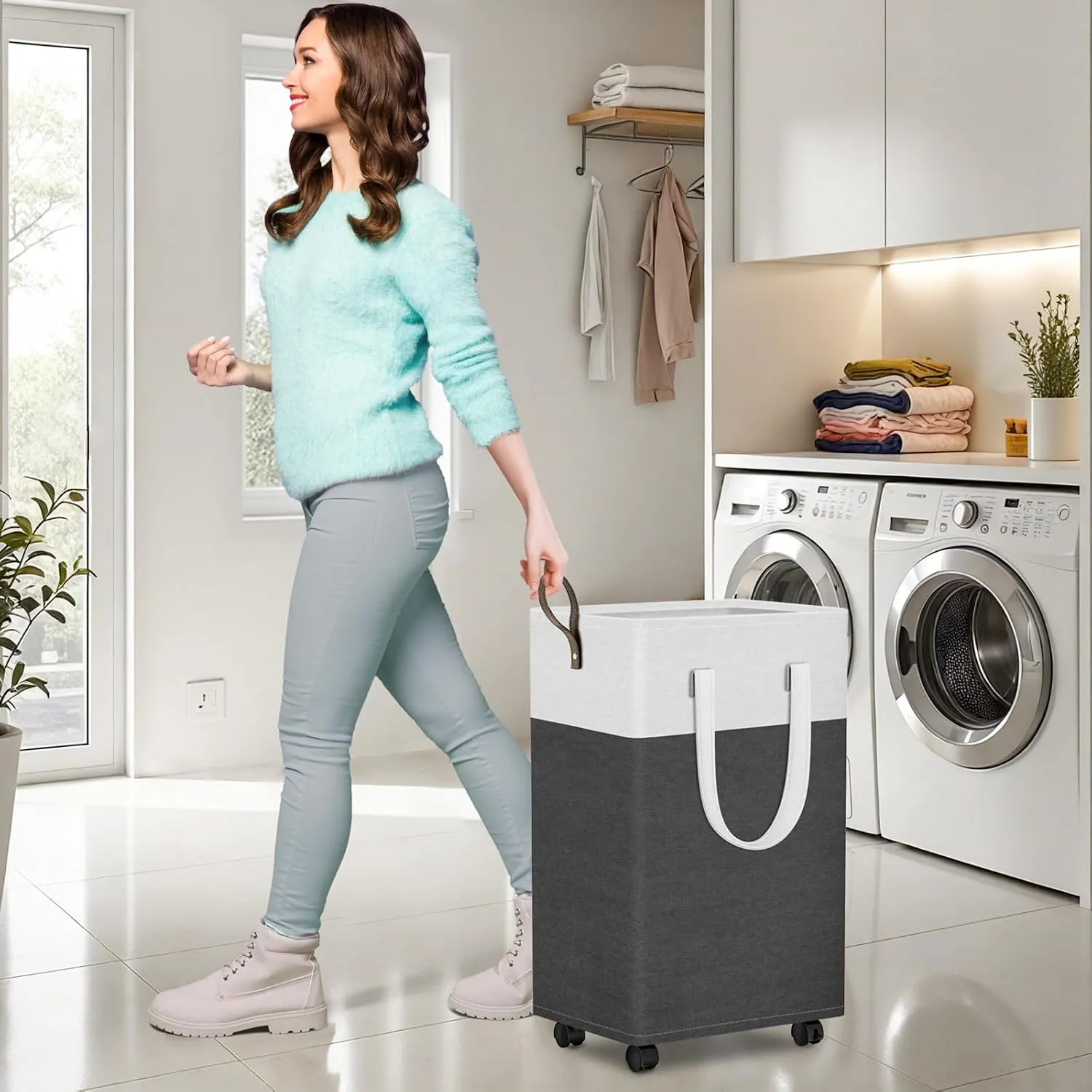 HomeHacks Laundry Basket with Wheels, Rolling Laundry Hamper, Collapsible & Waterproof Clothes Hamper, Narrow Corner Bins with Extended Handles in the Family & Dorm 90L,Grey)