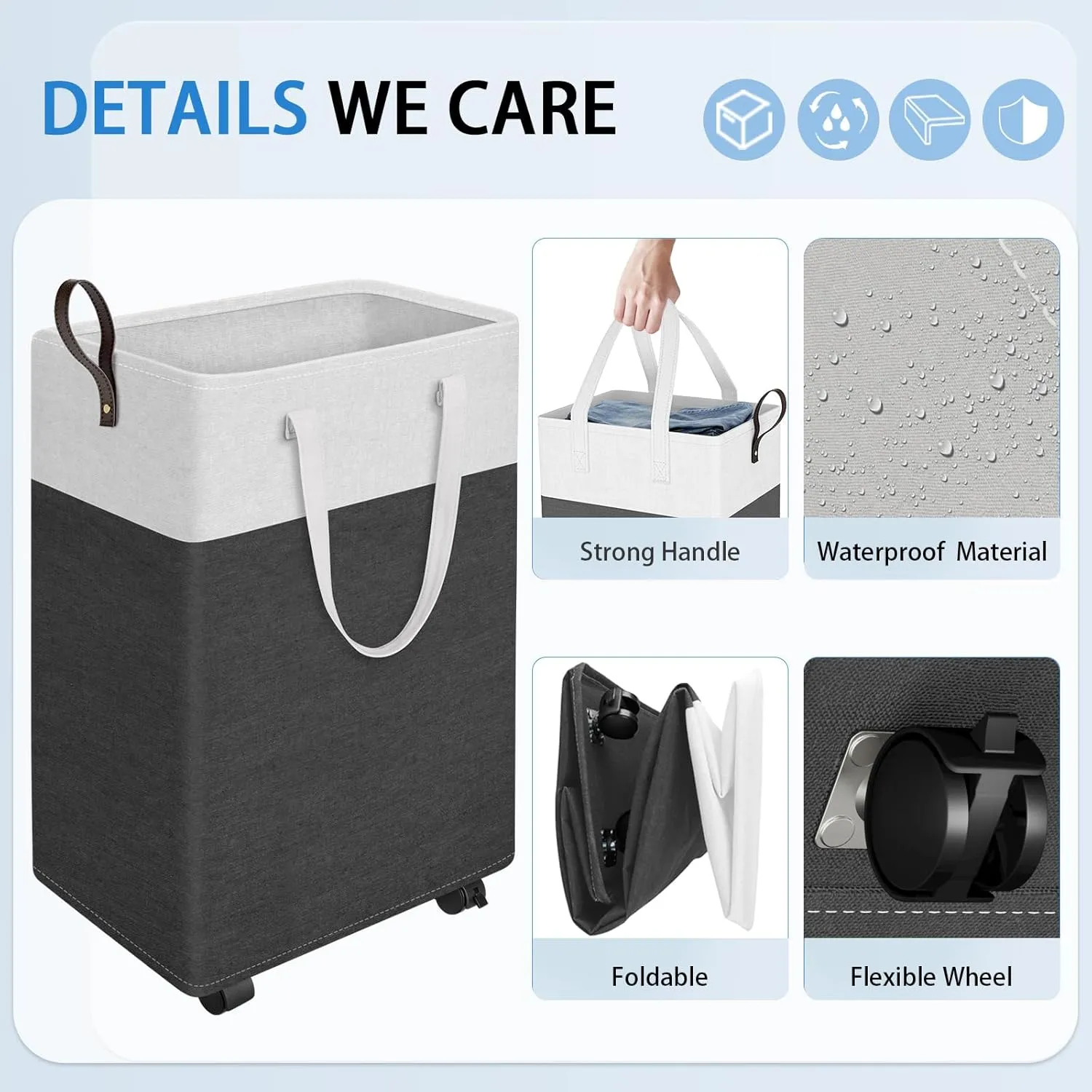 HomeHacks Laundry Basket with Wheels, Rolling Laundry Hamper, Collapsible & Waterproof Clothes Hamper, Narrow Corner Bins with Extended Handles in the Family & Dorm 90L,Grey)