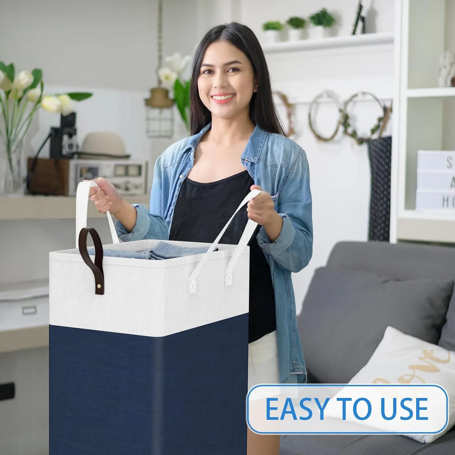 HomeHacks Laundry Basket with Wheels, Rolling Laundry Hamper, Collapsible & Waterproof Clothes Hamper, Narrow Corner Clothes Bins with Extended Handles for Clothes in the Family & Dorm (90L, Blue)