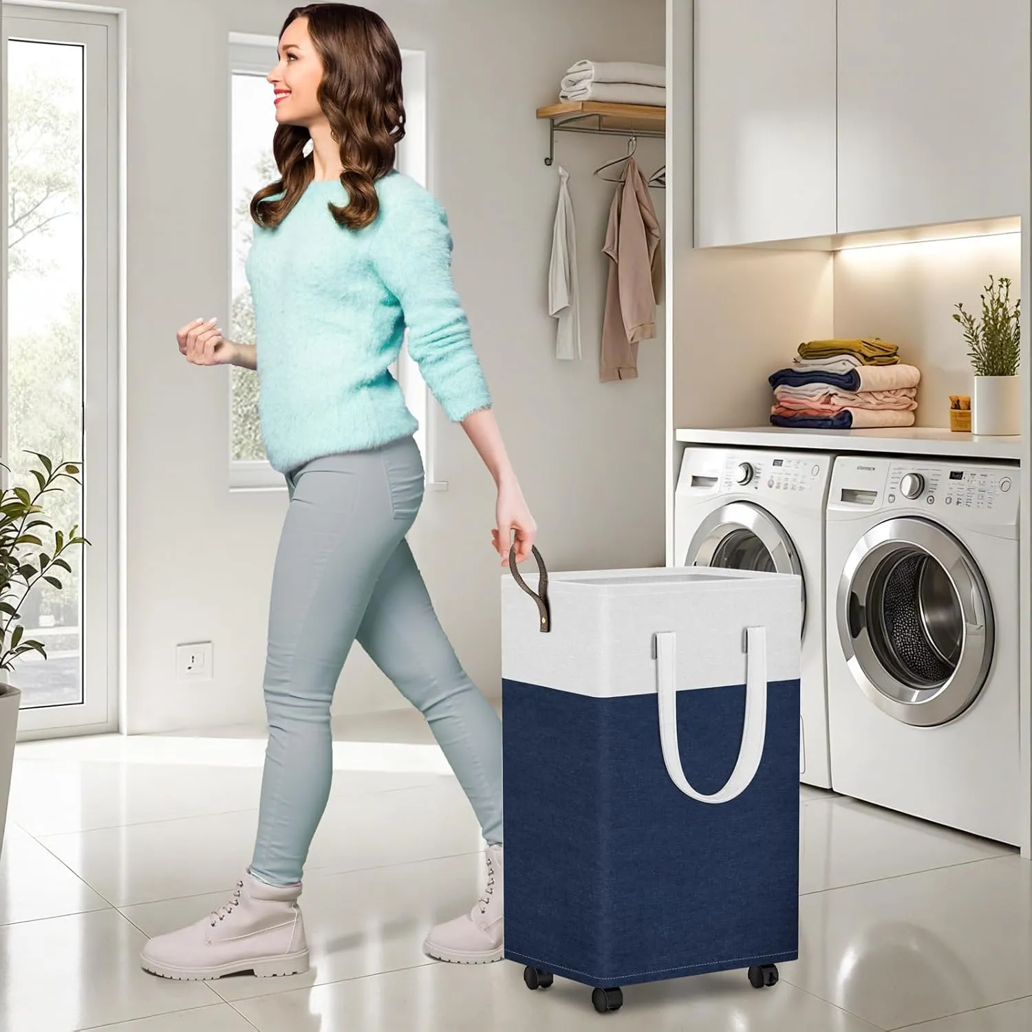 HomeHacks Laundry Basket with Wheels, Rolling Laundry Hamper, Collapsible & Waterproof Clothes Hamper, Narrow Corner Clothes Bins with Extended Handles for Clothes in the Family & Dorm (90L, Blue)