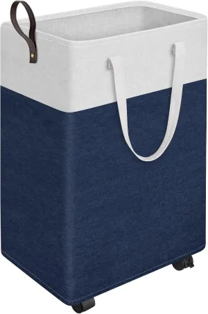 HomeHacks Laundry Basket with Wheels, Rolling Laundry Hamper, Collapsible & Waterproof Clothes Hamper, Narrow Corner Clothes Bins with Extended Handles for Clothes in the Family & Dorm (90L, Blue)