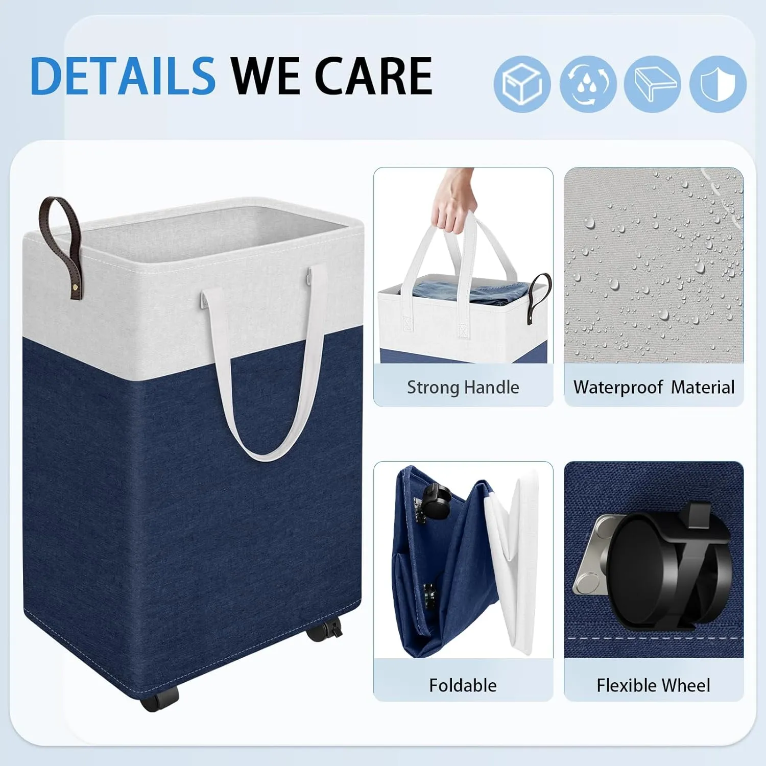 HomeHacks Laundry Basket with Wheels, Rolling Laundry Hamper, Collapsible & Waterproof Clothes Hamper, Narrow Corner Clothes Bins with Extended Handles for Clothes in the Family & Dorm (90L, Blue)
