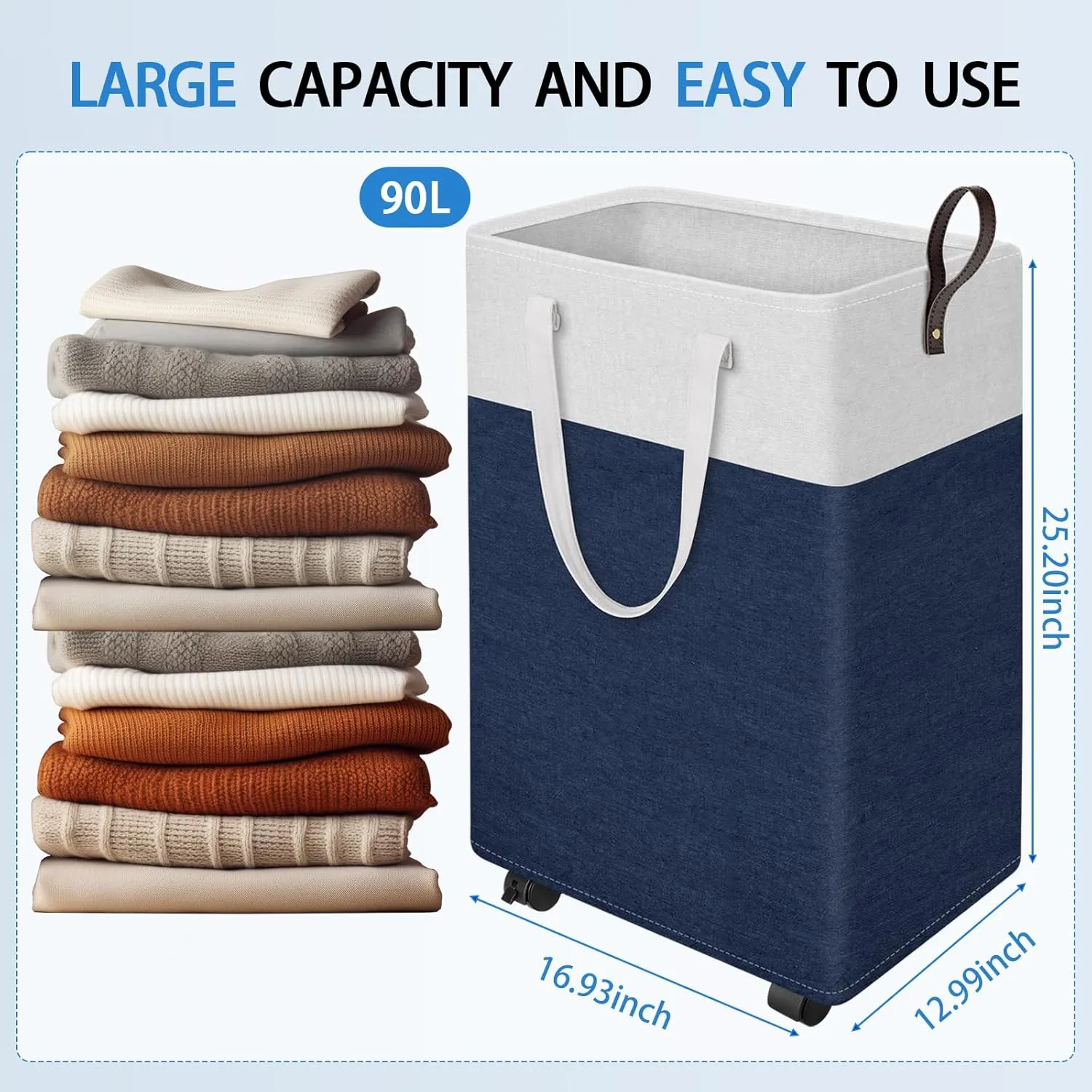 HomeHacks Laundry Basket with Wheels, Rolling Laundry Hamper, Collapsible & Waterproof Clothes Hamper, Narrow Corner Clothes Bins with Extended Handles for Clothes in the Family & Dorm (90L, Blue)