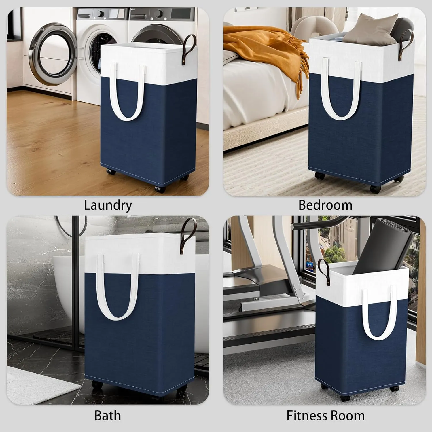 HomeHacks Laundry Basket with Wheels, Rolling Laundry Hamper, Collapsible & Waterproof Clothes Hamper, Narrow Corner Clothes Bins with Extended Handles for Clothes in the Family & Dorm (90L, Blue)
