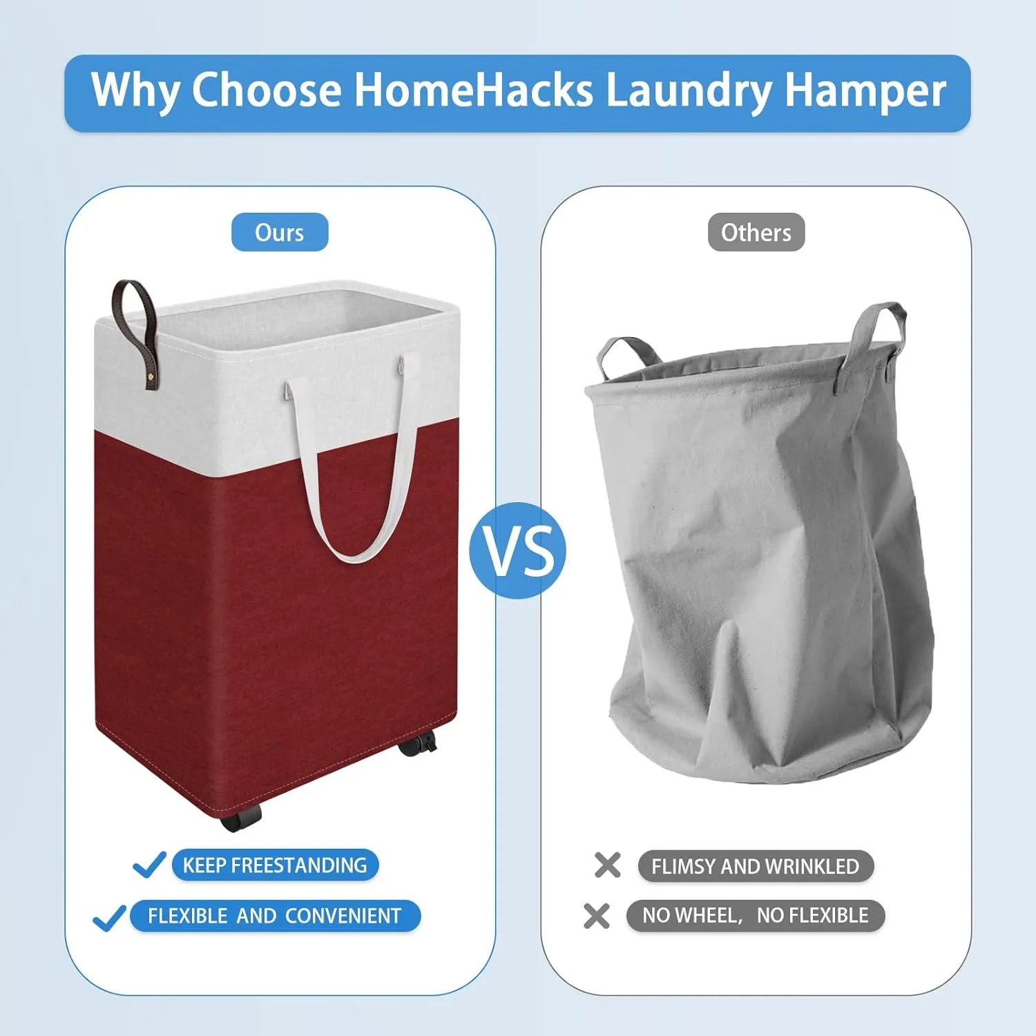 HomeHacks Laundry Basket with Wheels, Rolling Laundry Hamper, Collapsible & Waterproof Clothes Hamper, Narrow Corner Clothes Bins with Extended Handles for Clothes in the Family & Dorm (90L, Red)