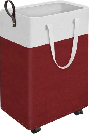 HomeHacks Laundry Basket with Wheels, Rolling Laundry Hamper, Collapsible & Waterproof Clothes Hamper, Narrow Corner Clothes Bins with Extended Handles for Clothes in the Family & Dorm (90L, Red)