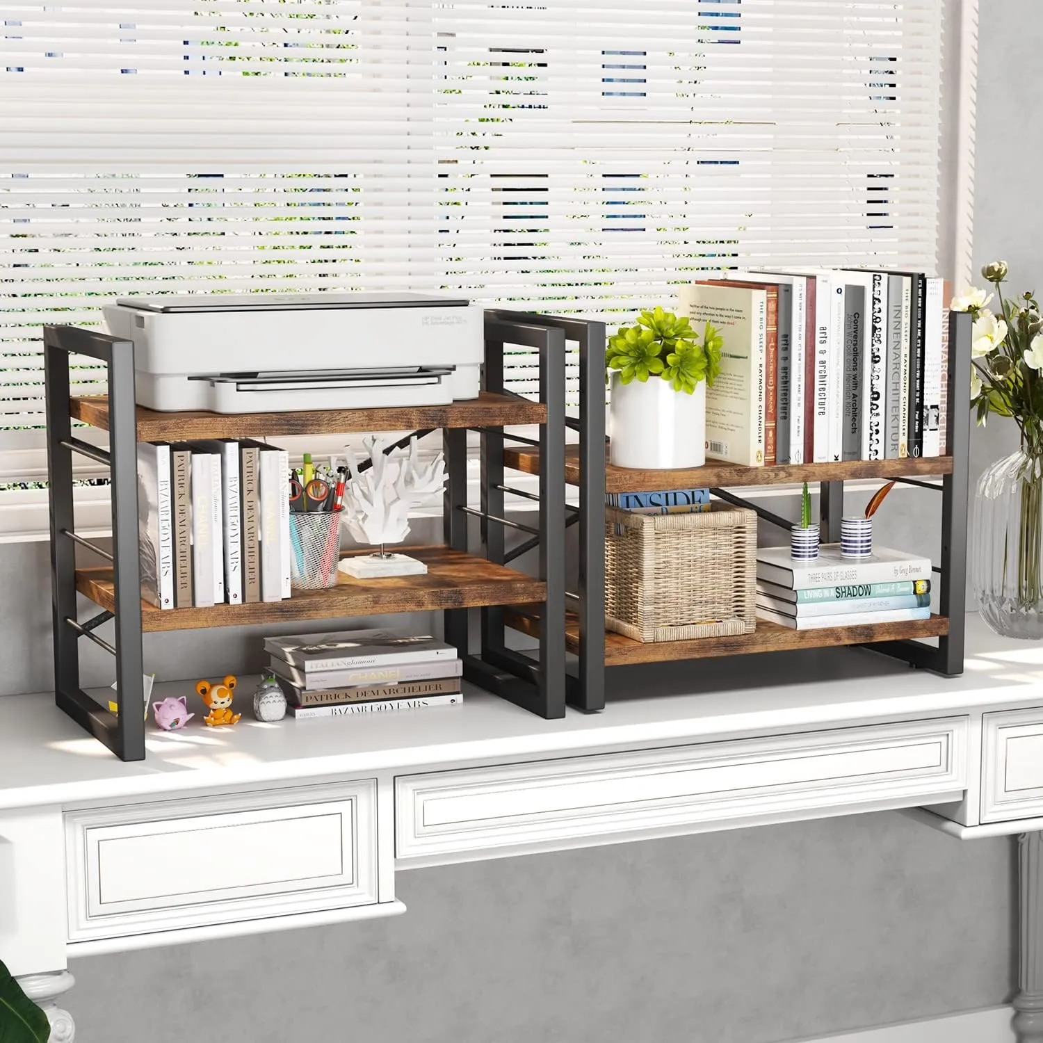 Homeiju Bookshelf, Dorm Desk Hutch, Desk Shelf Organizer, 4 Tier Stackable Bookcase, Adjustable Industrial Book Shelf Storage Organizer for Desktop, Living Room, Bedroom, Office,Rustic Black and Brown