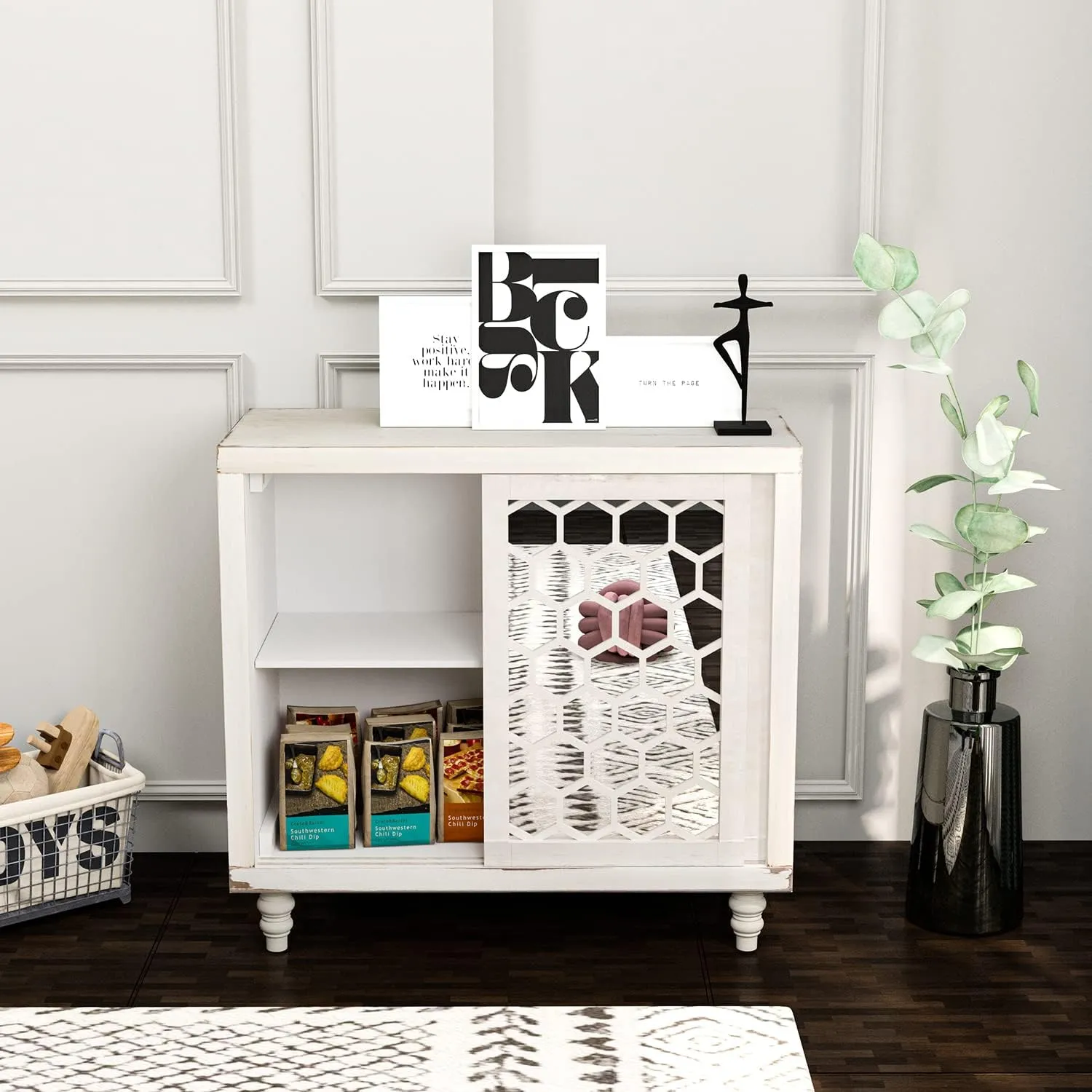 HOMPUS Accent Cabinet with Pattern Doors and Shelves, Rustic Buffet Sideboards with Mirror Doors, Storage Cabinet Coffee Bar for Living Room, Entryway, Kitchen, White