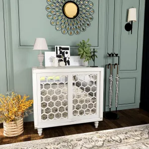 HOMPUS Accent Cabinet with Pattern Doors and Shelves, Rustic Buffet Sideboards with Mirror Doors, Storage Cabinet Coffee Bar for Living Room, Entryway, Kitchen, White