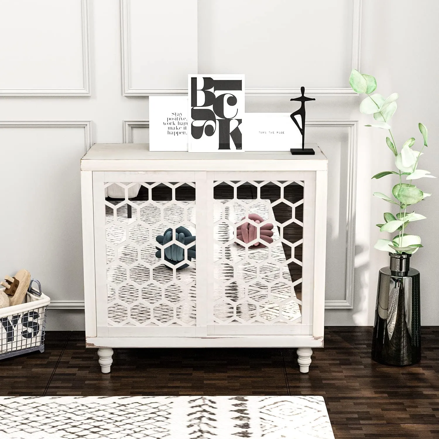 HOMPUS Accent Cabinet with Pattern Doors and Shelves, Rustic Buffet Sideboards with Mirror Doors, Storage Cabinet Coffee Bar for Living Room, Entryway, Kitchen, White