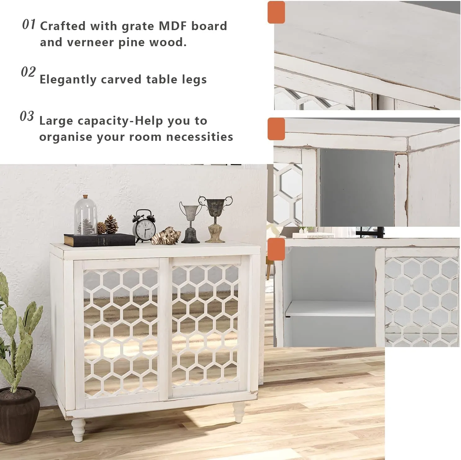 HOMPUS Accent Cabinet with Pattern Doors and Shelves, Rustic Buffet Sideboards with Mirror Doors, Storage Cabinet Coffee Bar for Living Room, Entryway, Kitchen, White