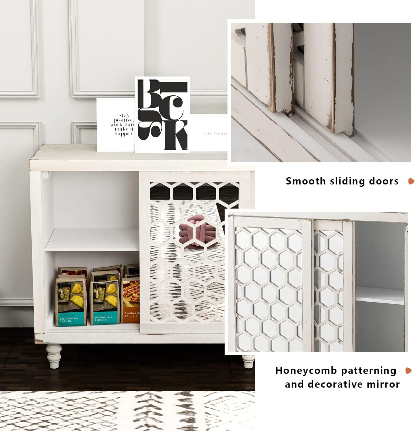 HOMPUS Accent Cabinet with Pattern Doors and Shelves, Rustic Buffet Sideboards with Mirror Doors, Storage Cabinet Coffee Bar for Living Room, Entryway, Kitchen, White