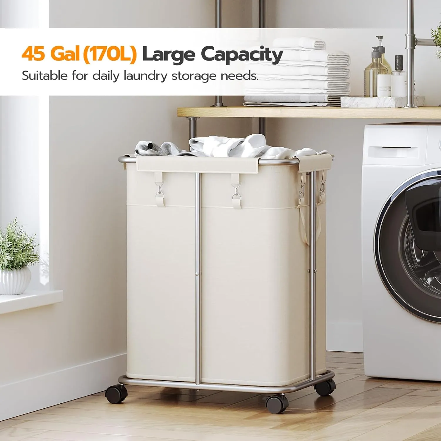 HOOBRO 170L Laundry Basket with Wheels, 45 Gallons Rolling Laundry Hamper, Narrow Slim Laundry Sorter with Removable Oxford Fabric Bag, Laundry Room, Dorm Room, Bedroom, Beige and Silver SW05XY01