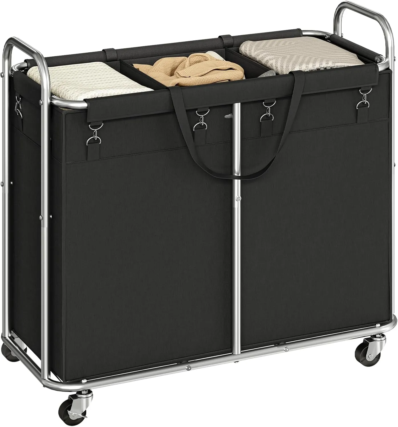 HOOBRO Laundry Basket with Wheels, 174L Rolling Laundry Hamper, 3-Section Laundry Cart with Removable Liner, Steel Frame with Handle, 35.4 x 15.7 x 31.5 Inches, Black and Silver SB09XY01