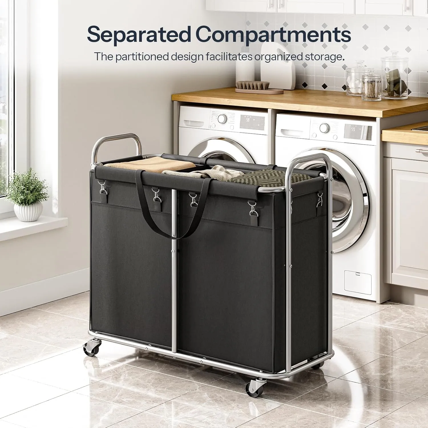 HOOBRO Laundry Basket with Wheels, 174L Rolling Laundry Hamper, 3-Section Laundry Cart with Removable Liner, Steel Frame with Handle, 35.4 x 15.7 x 31.5 Inches, Black and Silver SB09XY01