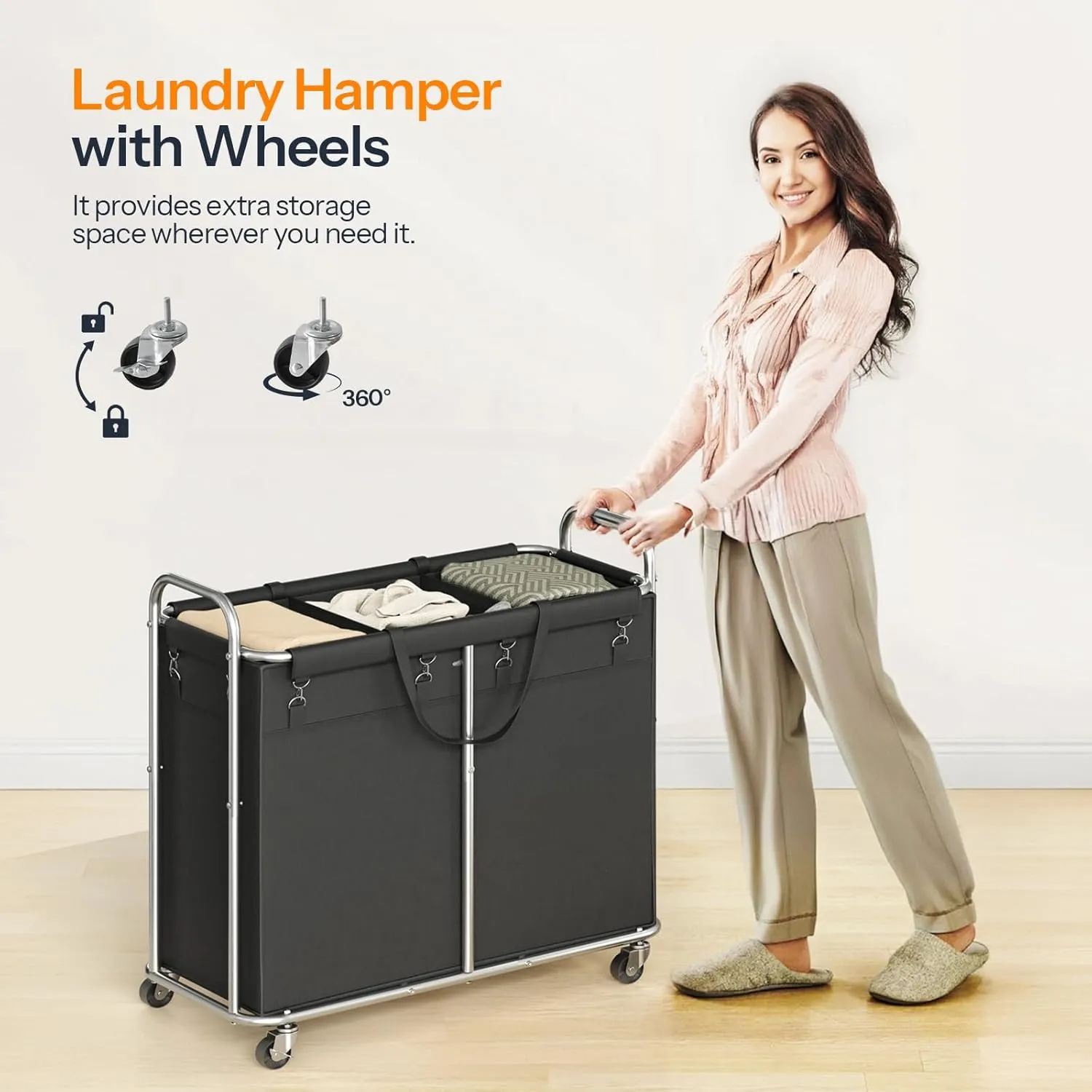 HOOBRO Laundry Basket with Wheels, 174L Rolling Laundry Hamper, 3-Section Laundry Cart with Removable Liner, Steel Frame with Handle, 35.4 x 15.7 x 31.5 Inches, Black and Silver SB09XY01