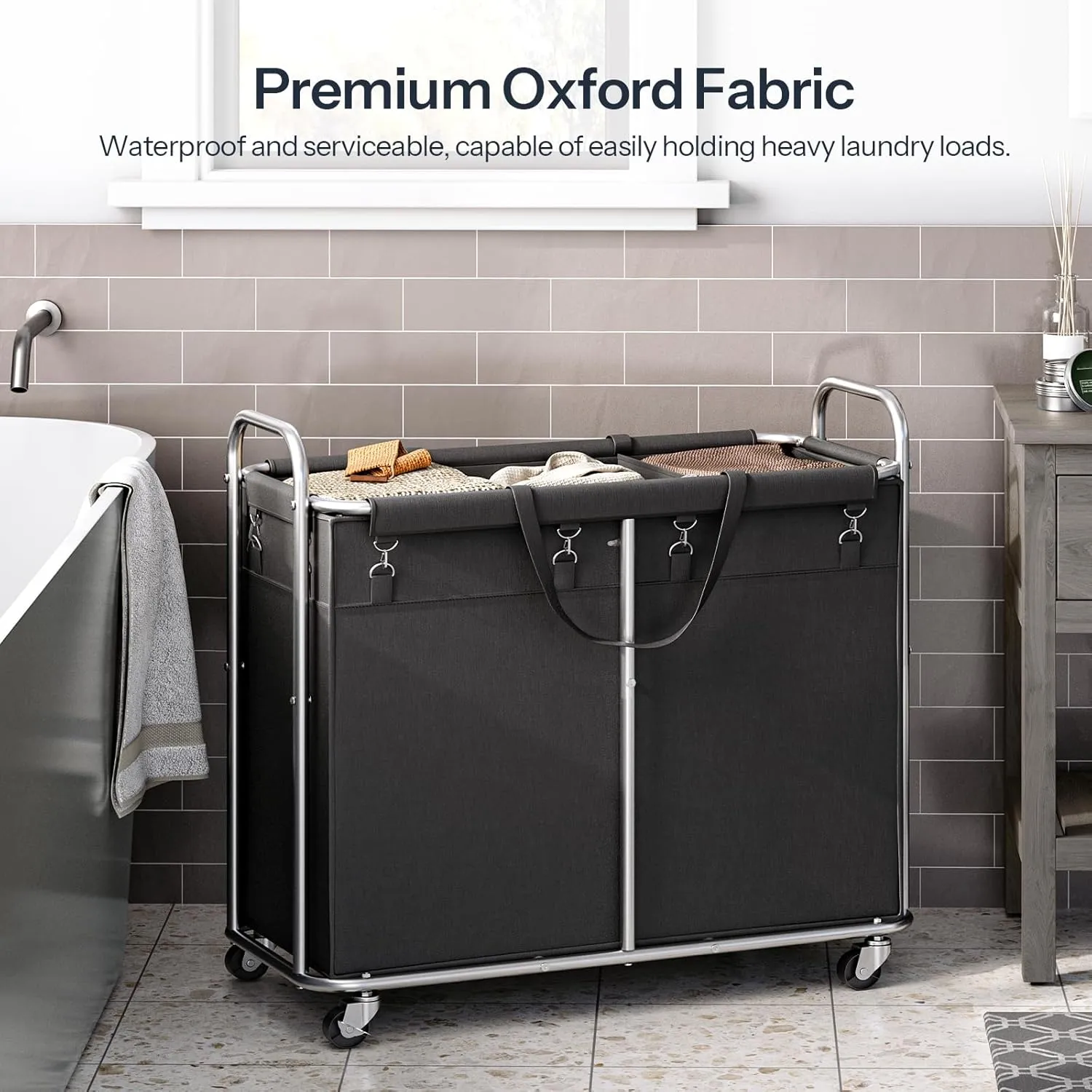 HOOBRO Laundry Basket with Wheels, 174L Rolling Laundry Hamper, 3-Section Laundry Cart with Removable Liner, Steel Frame with Handle, 35.4 x 15.7 x 31.5 Inches, Black and Silver SB09XY01