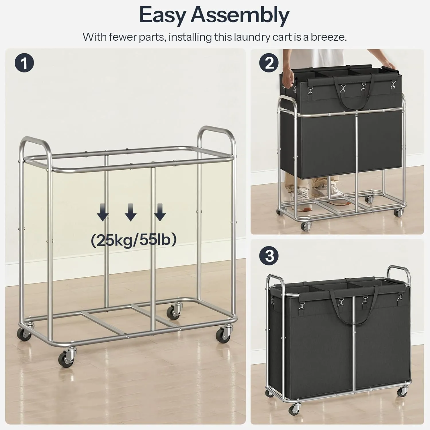 HOOBRO Laundry Basket with Wheels, 174L Rolling Laundry Hamper, 3-Section Laundry Cart with Removable Liner, Steel Frame with Handle, 35.4 x 15.7 x 31.5 Inches, Black and Silver SB09XY01