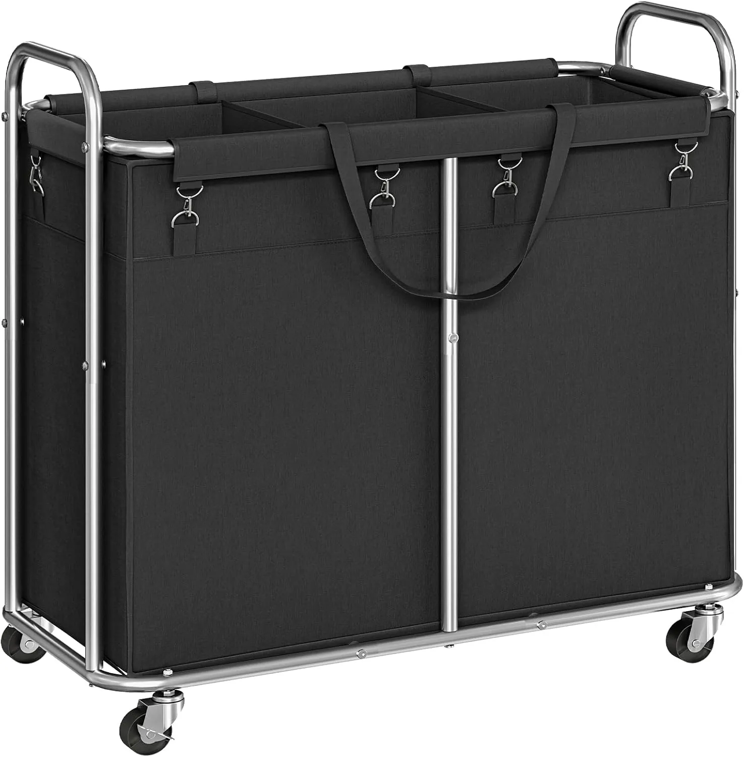 HOOBRO Laundry Basket with Wheels, 174L Rolling Laundry Hamper, 3-Section Laundry Cart with Removable Liner, Steel Frame with Handle, 35.4 x 15.7 x 31.5 Inches, Black and Silver SB09XY01
