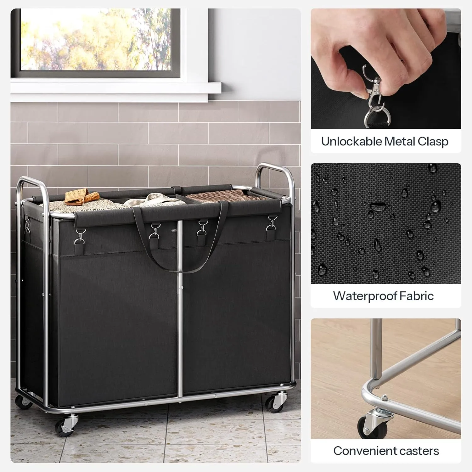 HOOBRO Laundry Basket with Wheels, 174L Rolling Laundry Hamper, 3-Section Laundry Cart with Removable Liner, Steel Frame with Handle, 35.4 x 15.7 x 31.5 Inches, Black and Silver SB09XY01