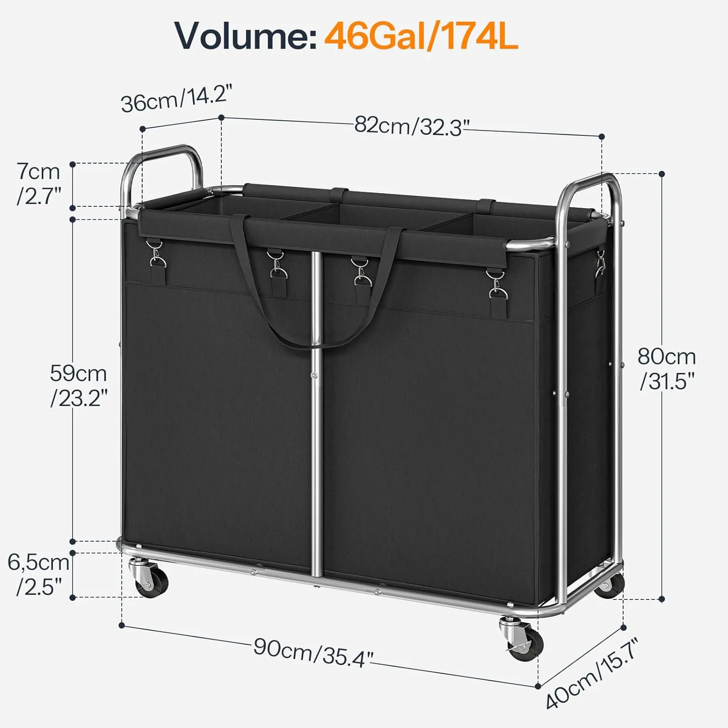 HOOBRO Laundry Basket with Wheels, 174L Rolling Laundry Hamper, 3-Section Laundry Cart with Removable Liner, Steel Frame with Handle, 35.4 x 15.7 x 31.5 Inches, Black and Silver SB09XY01