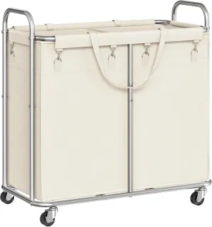 HOOBRO Laundry Basket with Wheels, 2-Section Rolling Laundry Hamper, Laundry Cart with Removable Liner, Steel Frame with Handle, 31.5 x 15.7 x 31.5 Inches, Beige and Silver SW08XY01