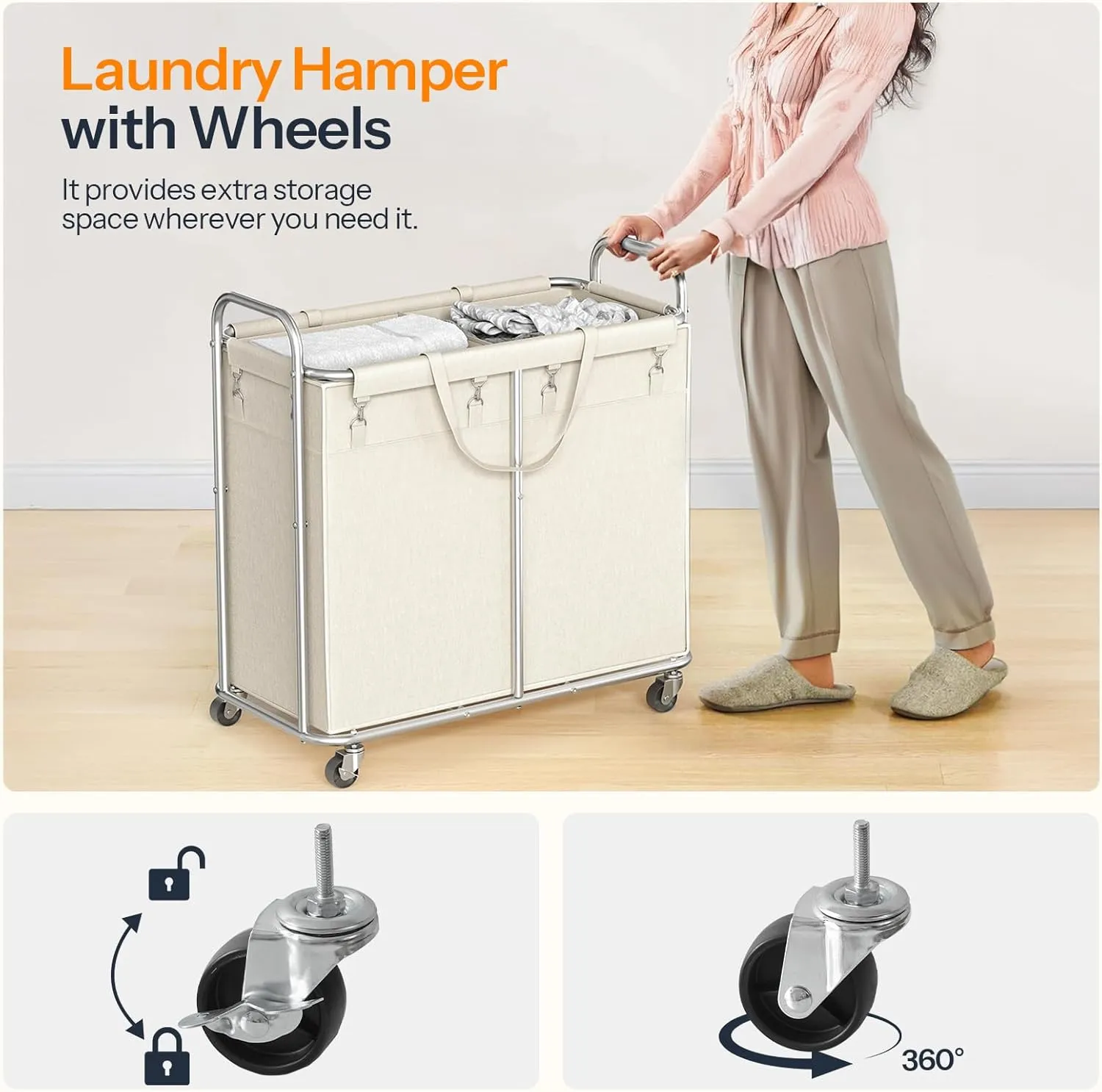 HOOBRO Laundry Basket with Wheels, 2-Section Rolling Laundry Hamper, Laundry Cart with Removable Liner, Steel Frame with Handle, 31.5 x 15.7 x 31.5 Inches, Beige and Silver SW08XY01