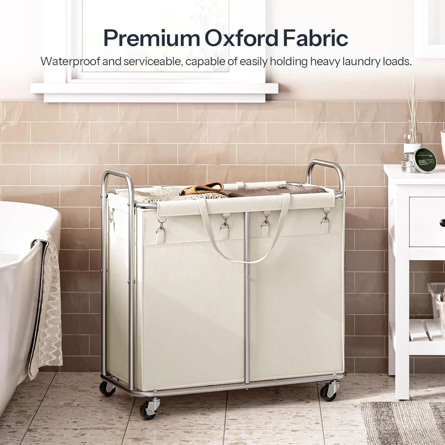 HOOBRO Laundry Basket with Wheels, 2-Section Rolling Laundry Hamper, Laundry Cart with Removable Liner, Steel Frame with Handle, 31.5 x 15.7 x 31.5 Inches, Beige and Silver SW08XY01