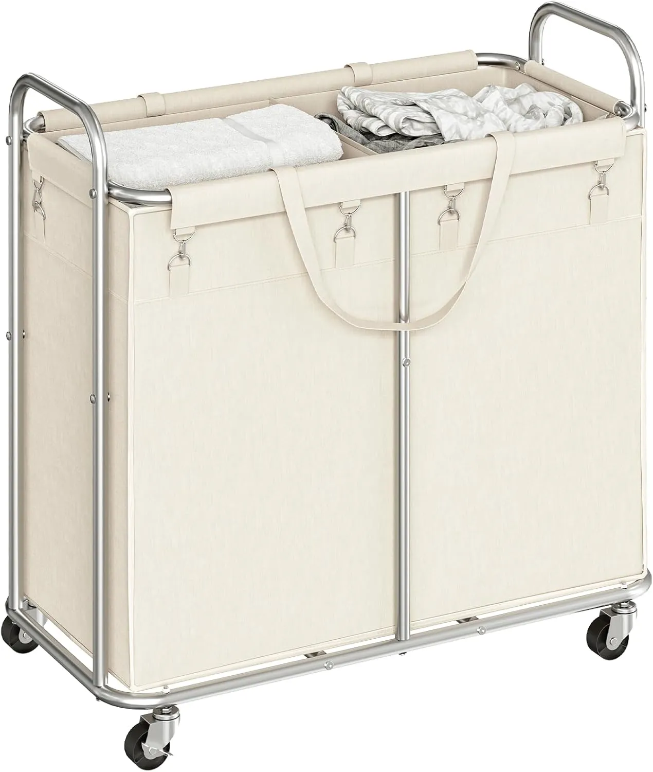 HOOBRO Laundry Basket with Wheels, 2-Section Rolling Laundry Hamper, Laundry Cart with Removable Liner, Steel Frame with Handle, 31.5 x 15.7 x 31.5 Inches, Beige and Silver SW08XY01
