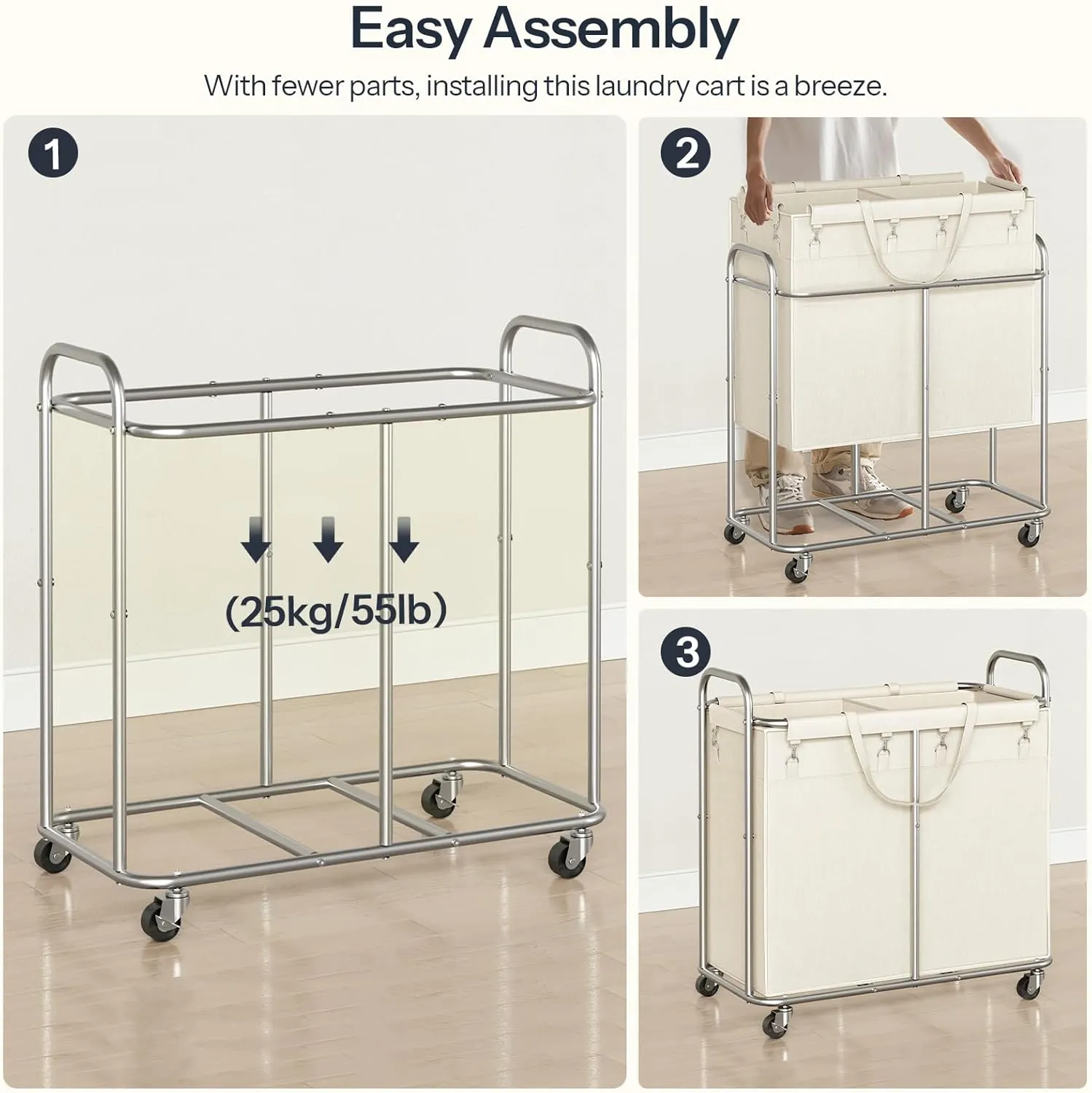 HOOBRO Laundry Basket with Wheels, 2-Section Rolling Laundry Hamper, Laundry Cart with Removable Liner, Steel Frame with Handle, 31.5 x 15.7 x 31.5 Inches, Beige and Silver SW08XY01
