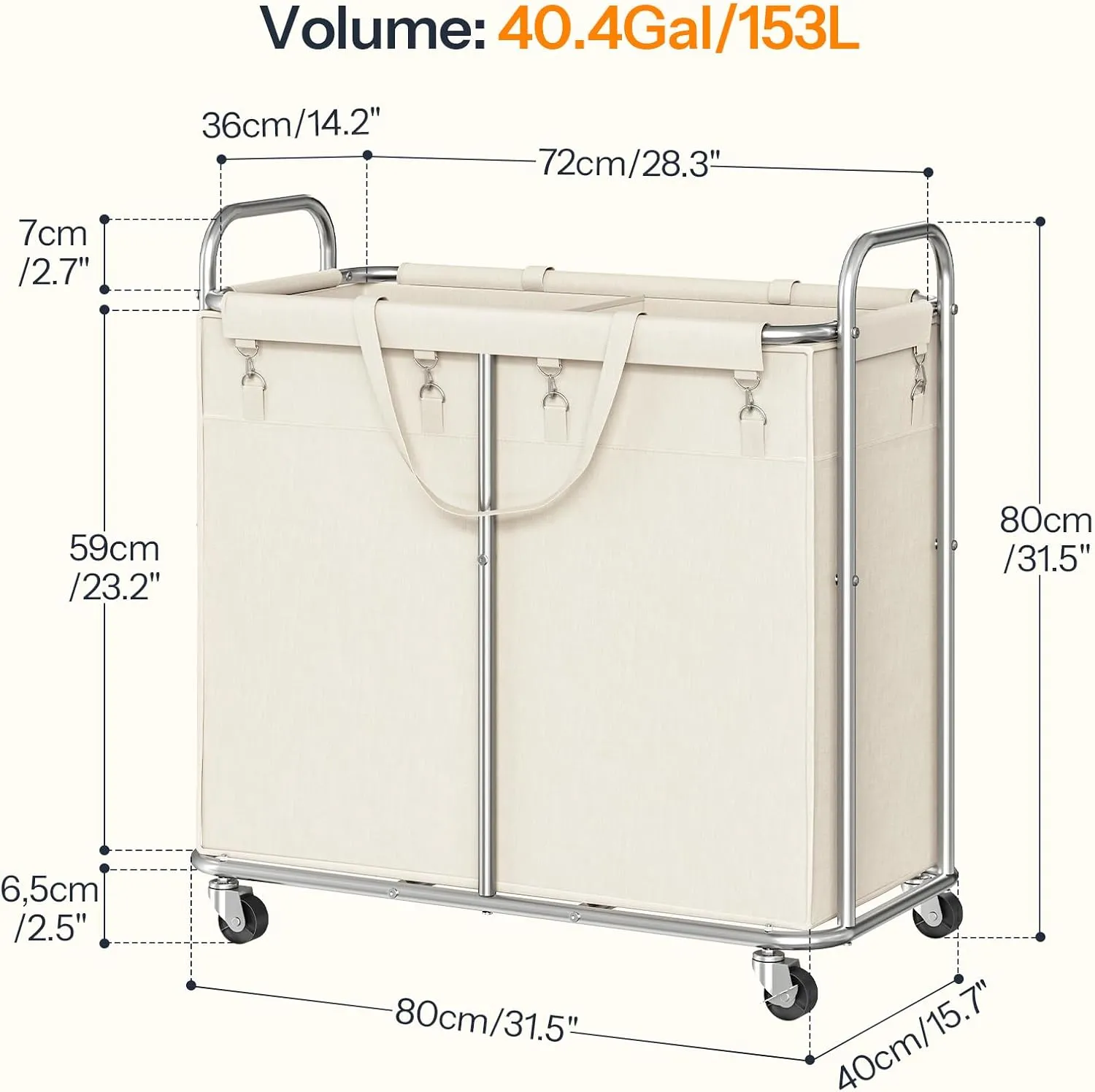 HOOBRO Laundry Basket with Wheels, 2-Section Rolling Laundry Hamper, Laundry Cart with Removable Liner, Steel Frame with Handle, 31.5 x 15.7 x 31.5 Inches, Beige and Silver SW08XY01