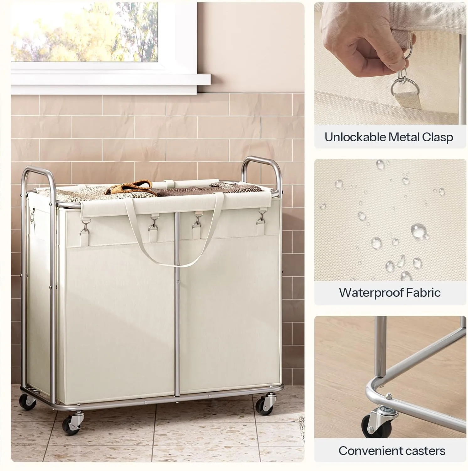 HOOBRO Laundry Basket with Wheels, 2-Section Rolling Laundry Hamper, Laundry Cart with Removable Liner, Steel Frame with Handle, 31.5 x 15.7 x 31.5 Inches, Beige and Silver SW08XY01
