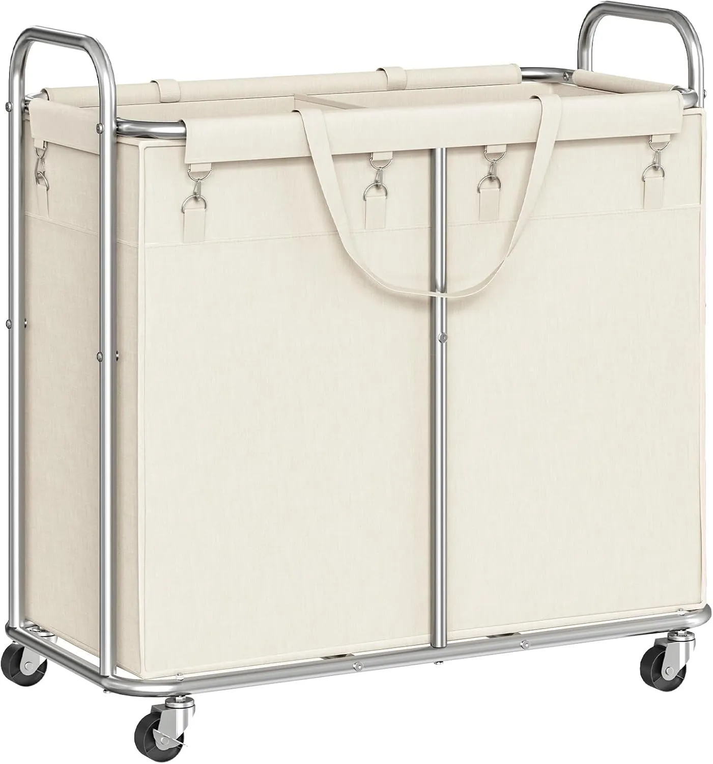HOOBRO Laundry Basket with Wheels, 2-Section Rolling Laundry Hamper, Laundry Cart with Removable Liner, Steel Frame with Handle, 31.5 x 15.7 x 31.5 Inches, Beige and Silver SW08XY01