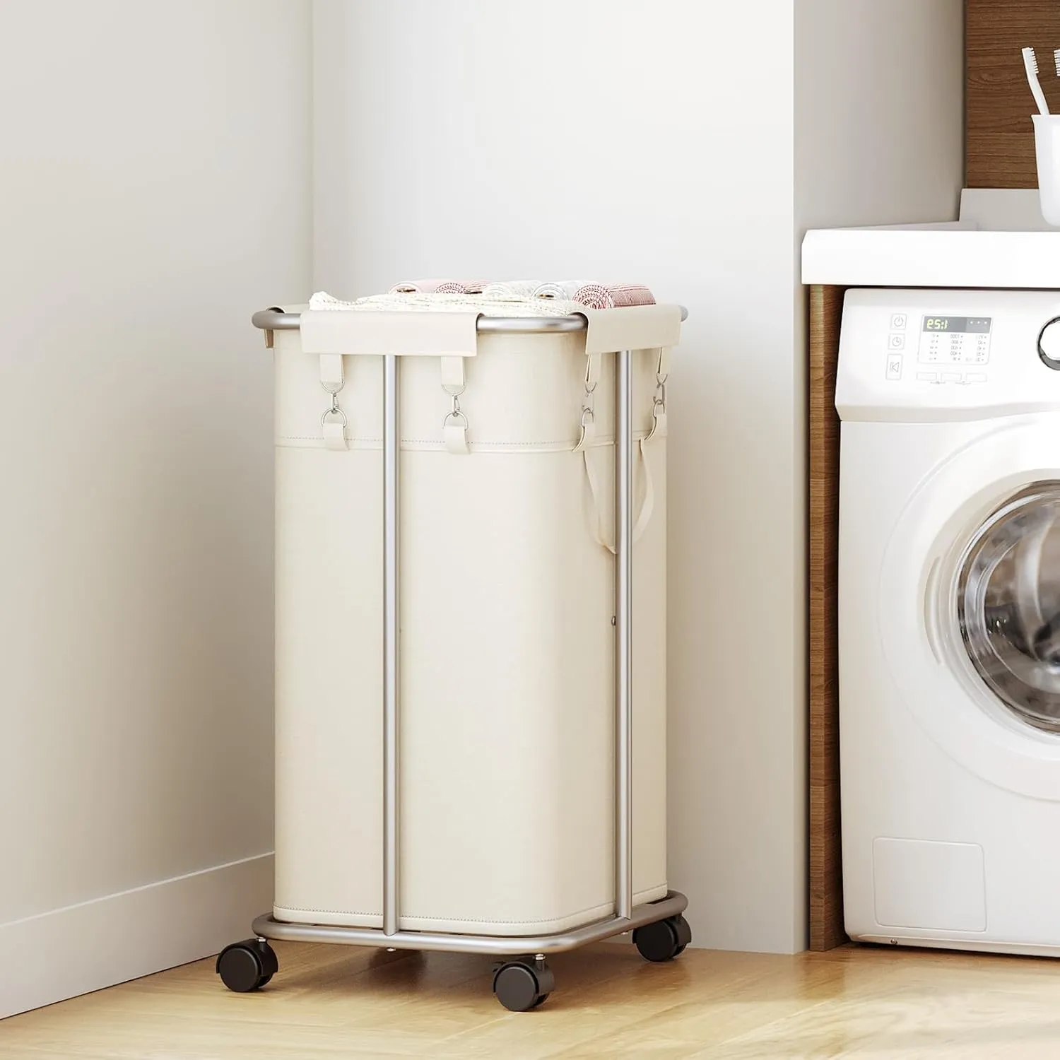 HOOBRO Laundry Basket with Wheels, 30 Gal (114 L) Rolling Laundry Hamper, Oxford Fabric Clothes Hampers, Metal Frame and Removable Bag, for Laundry Room, Dorm Room, Bedroom, Beige and Silver SW06XY01