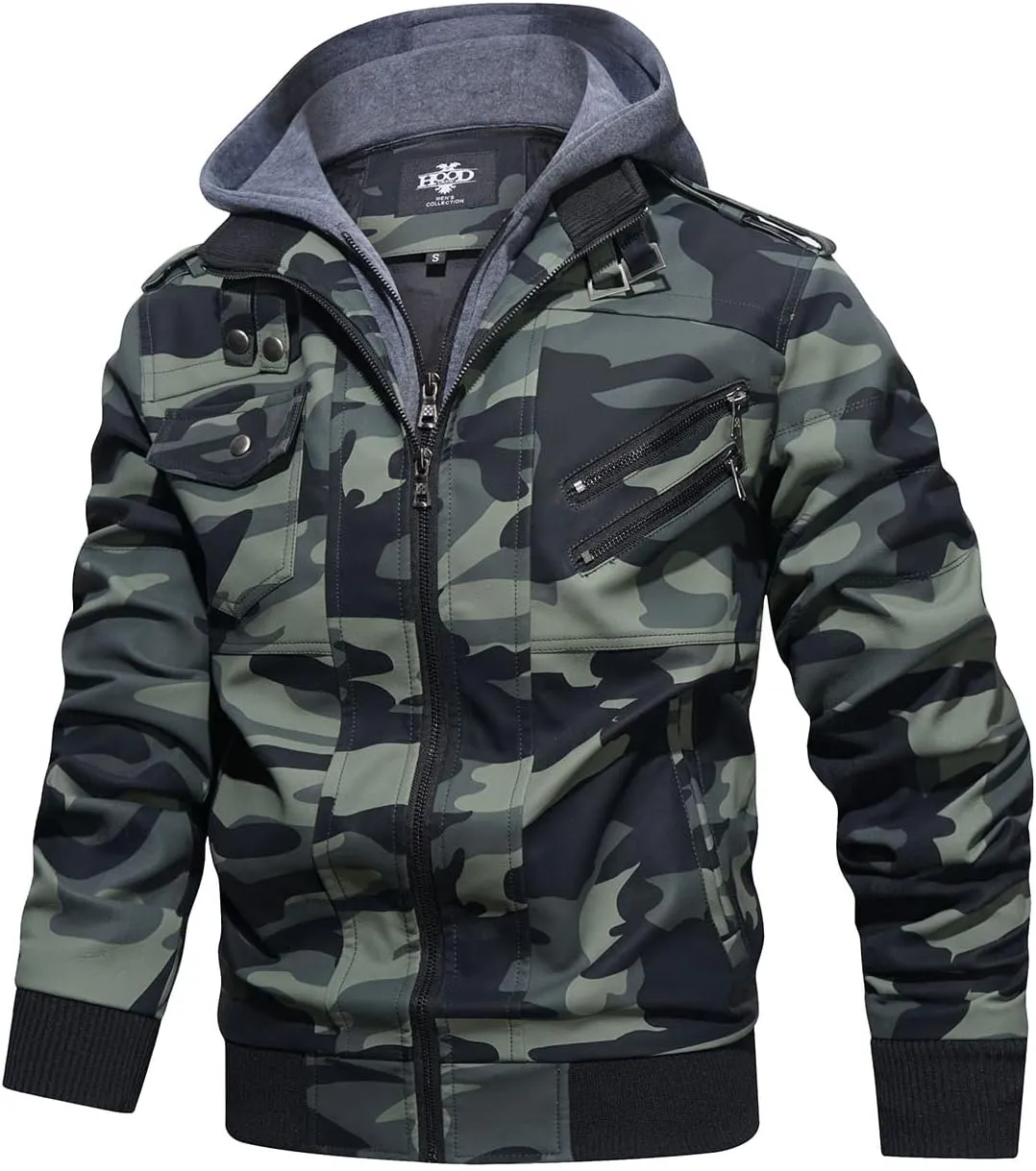 HOOD CREW Men’s Casual Stand Collar PU Faux Leather Zip-Up Motorcycle Bomber Jacket With a Removable Hood