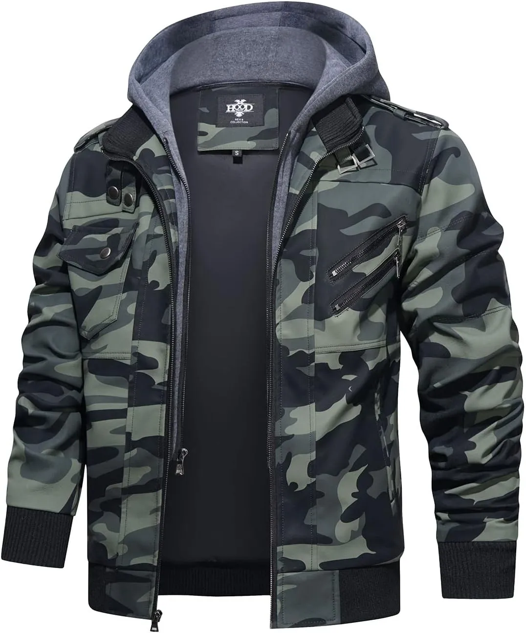 HOOD CREW Men’s Casual Stand Collar PU Faux Leather Zip-Up Motorcycle Bomber Jacket With a Removable Hood