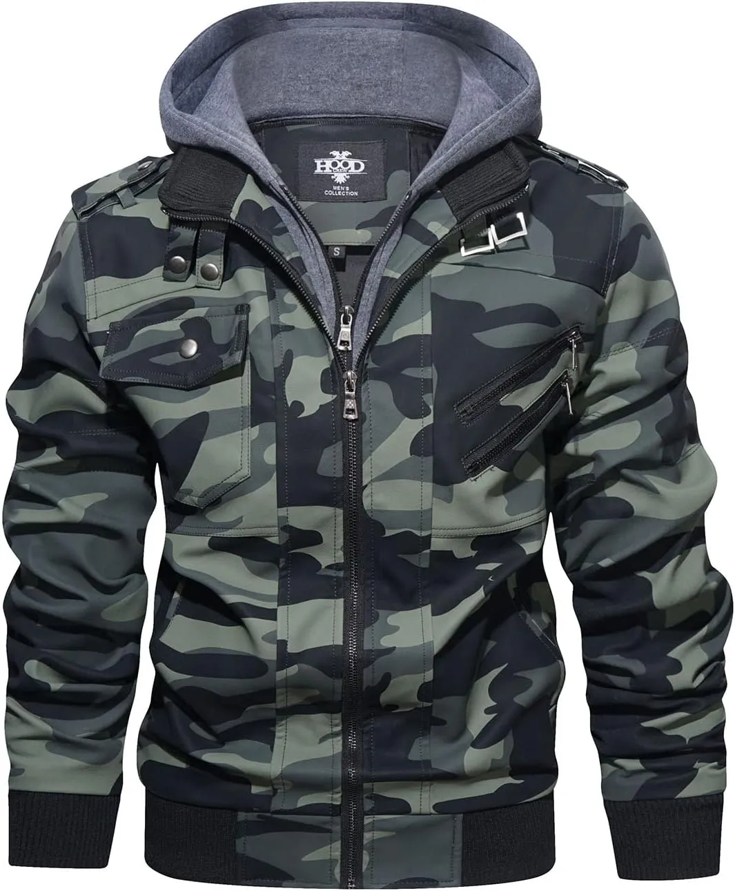 HOOD CREW Men’s Casual Stand Collar PU Faux Leather Zip-Up Motorcycle Bomber Jacket With a Removable Hood