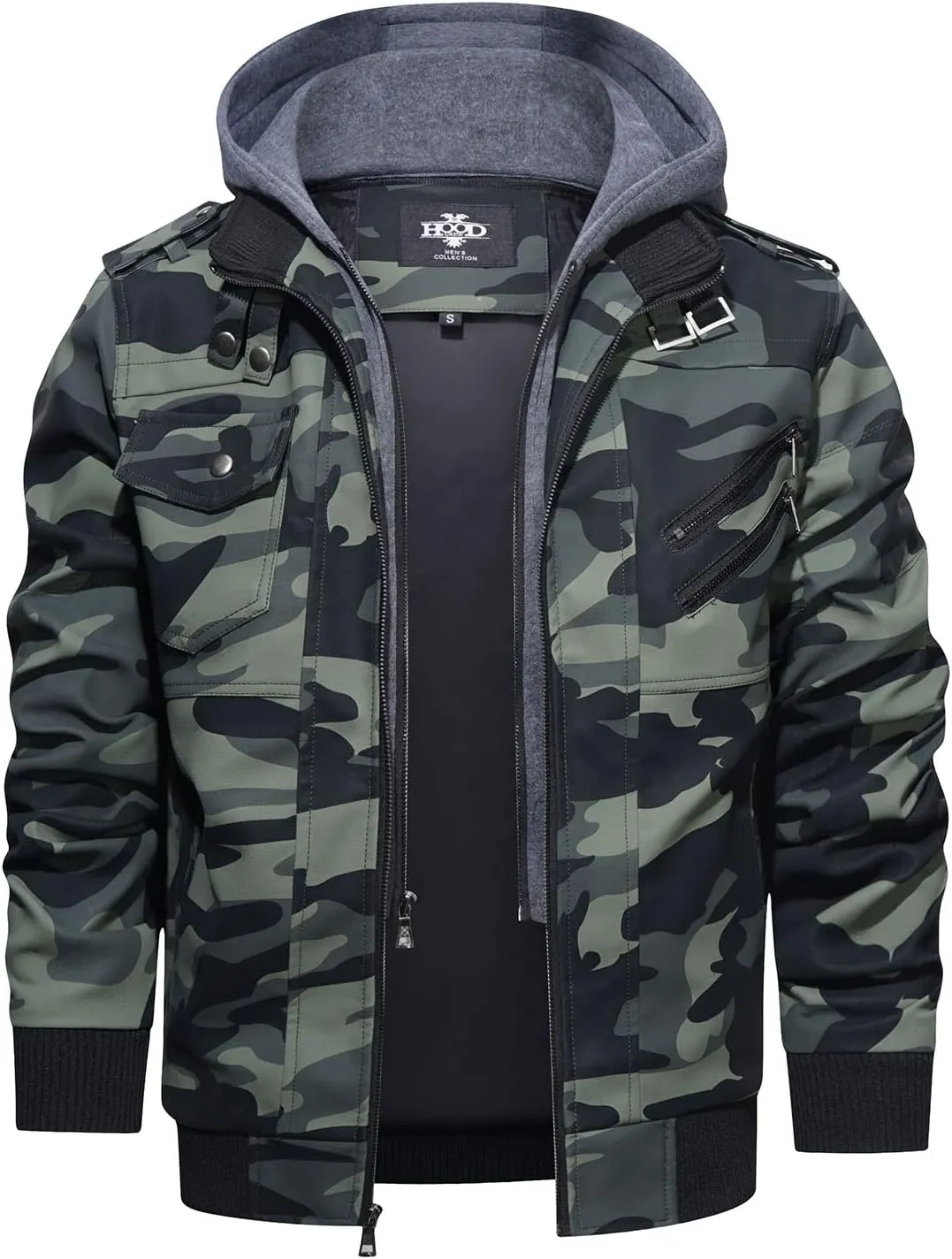 HOOD CREW Men’s Casual Stand Collar PU Faux Leather Zip-Up Motorcycle Bomber Jacket With a Removable Hood