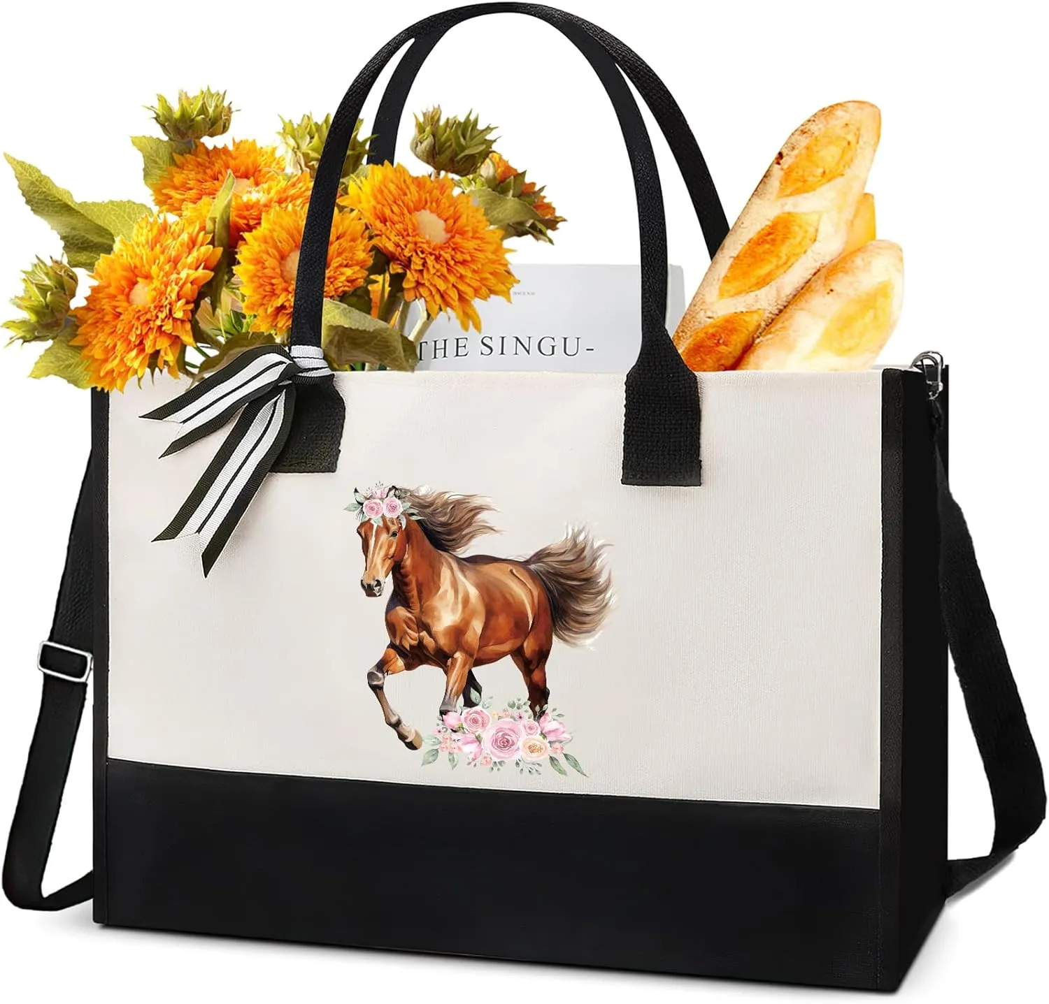 Horse Canvas Tote Bag - Personalized Horses Totes Gifts for Women Girls Her Portable Travel Floral HandBag with Zipper for Mom Friends Party Birthday Mother's Day Gift Appreciation Present