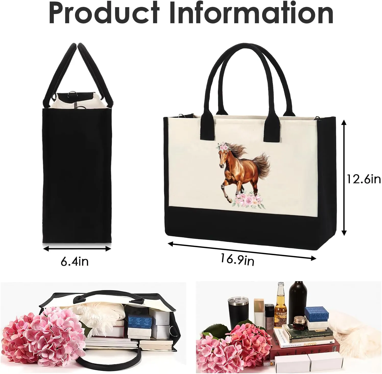 Horse Canvas Tote Bag - Personalized Horses Totes Gifts for Women Girls Her Portable Travel Floral HandBag with Zipper for Mom Friends Party Birthday Mother's Day Gift Appreciation Present