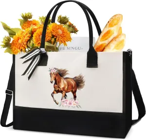 Horse Canvas Tote Bag - Personalized Horses Totes Gifts for Women Girls Her Portable Travel Floral HandBag with Zipper for Mom Friends Party Birthday Mother's Day Gift Appreciation Present