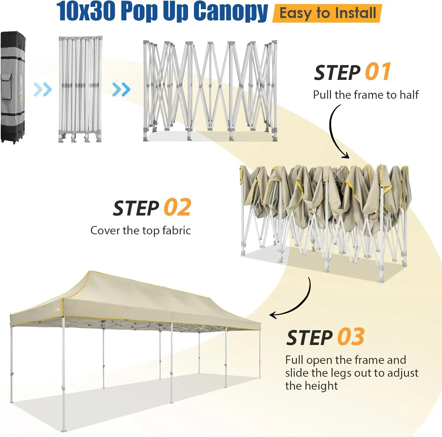 HOTEEL 10x30 Pop up Canopy Tent for Parties, Heavy Duty Easy Setup Tent Without Sidewalls, Outdoor Commercial Instant Gazebo for Wedding Event, with Portable Bag, Khaki(Hexagonal Frame)