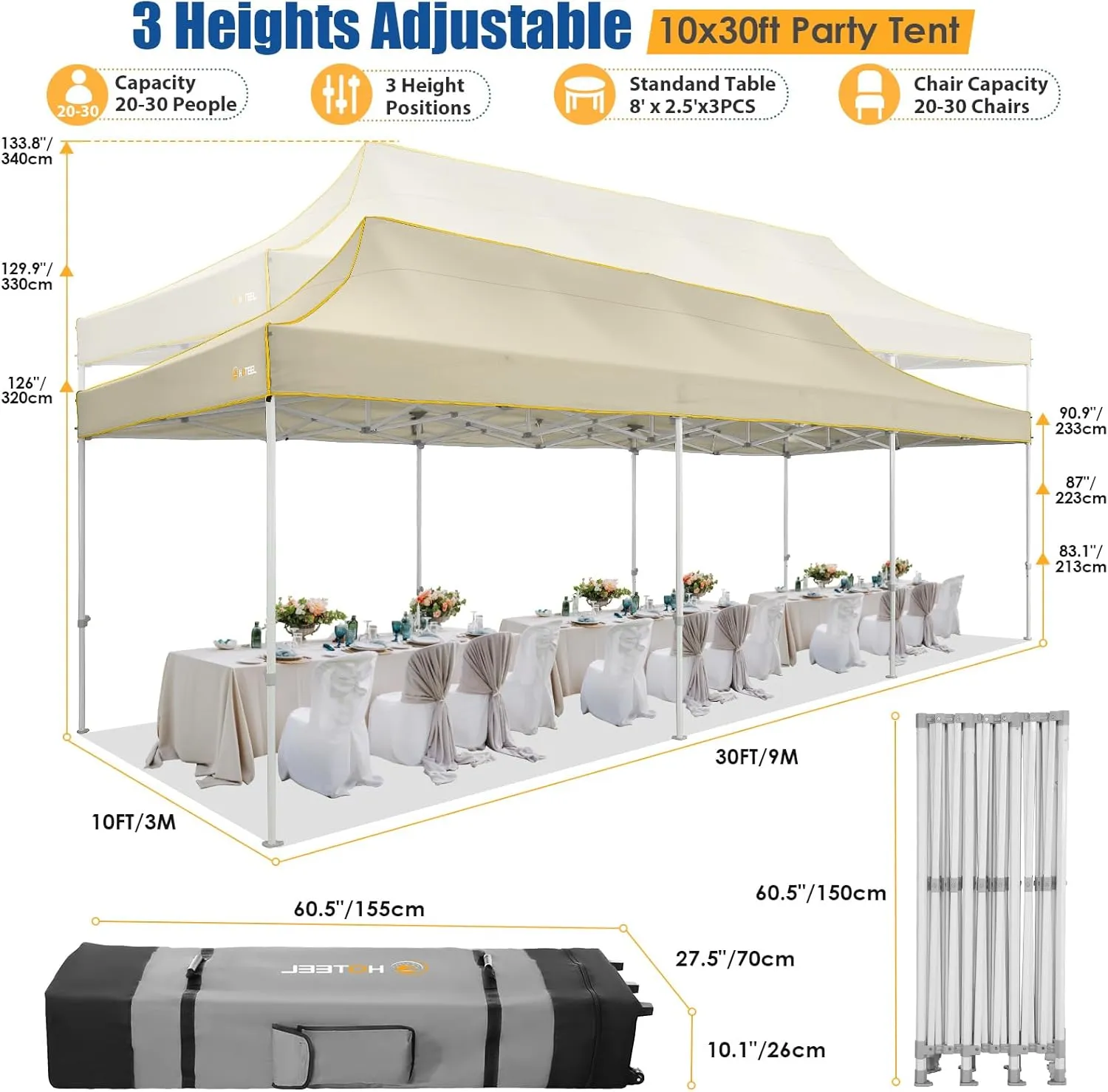 HOTEEL 10x30 Pop up Canopy Tent for Parties, Heavy Duty Easy Setup Tent Without Sidewalls, Outdoor Commercial Instant Gazebo for Wedding Event, with Portable Bag, Khaki(Hexagonal Frame)