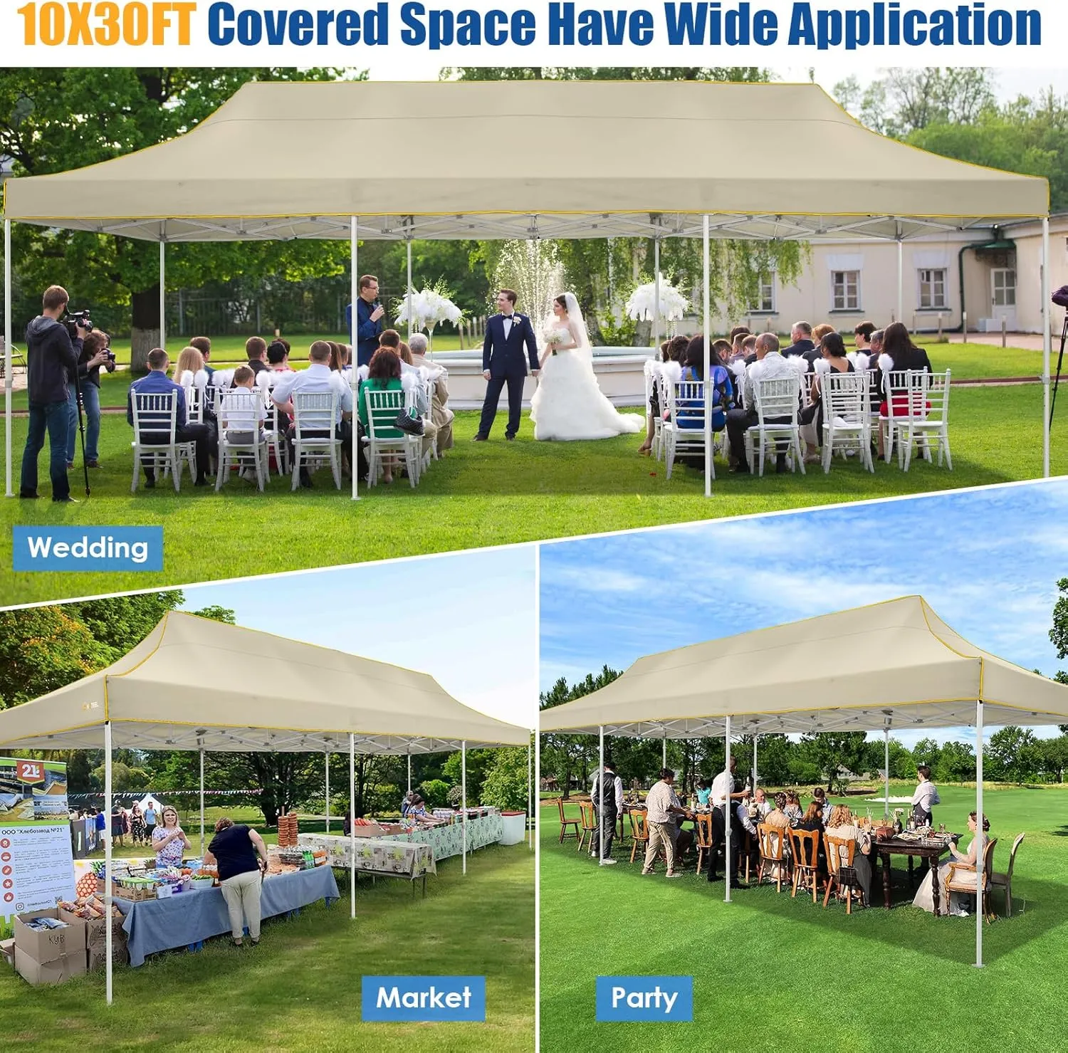 HOTEEL 10x30 Pop up Canopy Tent for Parties, Heavy Duty Easy Setup Tent Without Sidewalls, Outdoor Commercial Instant Gazebo for Wedding Event, with Portable Bag, Khaki(Hexagonal Frame)