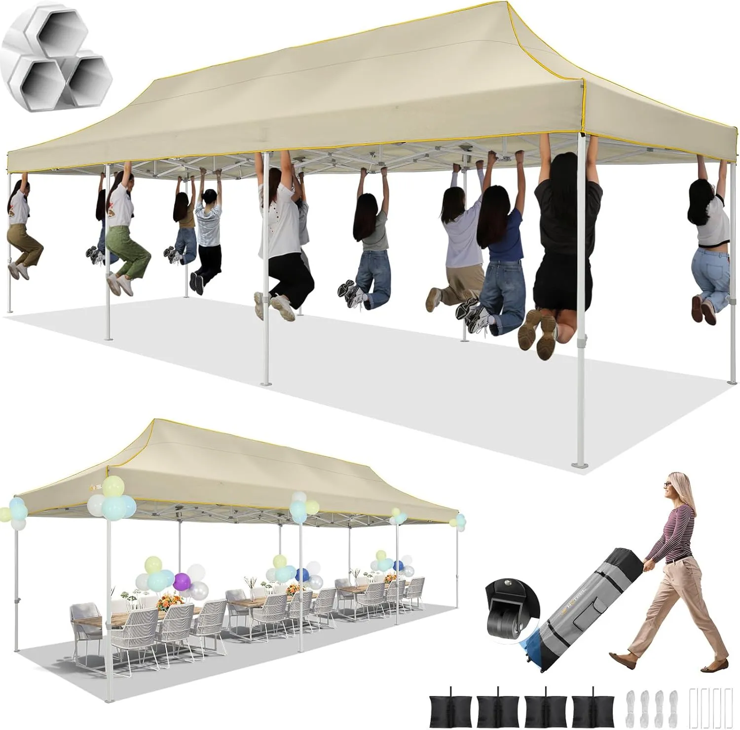 HOTEEL 10x30 Pop up Canopy Tent for Parties, Heavy Duty Easy Setup Tent Without Sidewalls, Outdoor Commercial Instant Gazebo for Wedding Event, with Portable Bag, Khaki(Hexagonal Frame)
