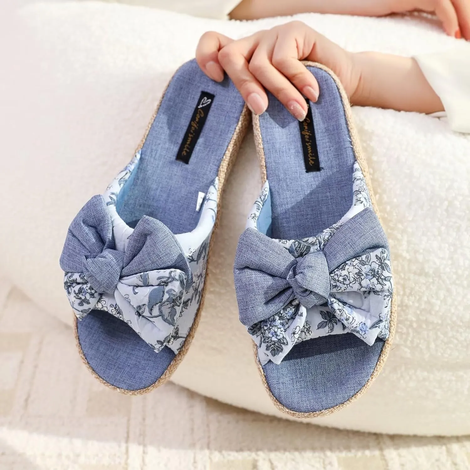 House Slippers for Women with Bow Comfy Indoor Open Toe Slides with Low Arch Support Rubber Sole for Summer