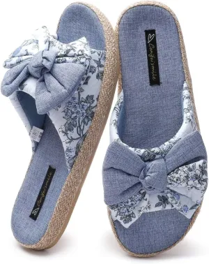 House Slippers for Women with Bow Comfy Indoor Open Toe Slides with Low Arch Support Rubber Sole for Summer