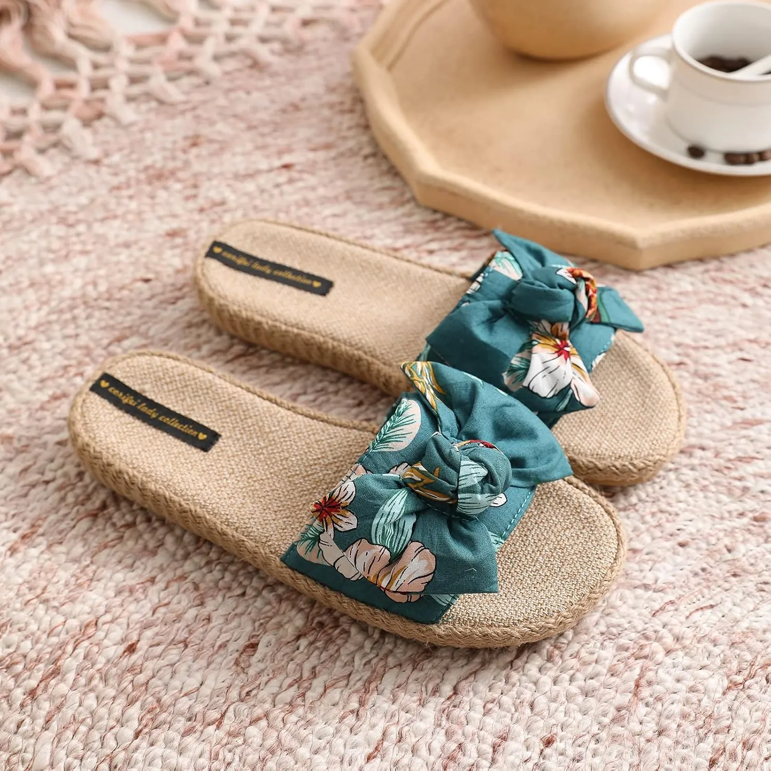 House Slippers for Women with Bow Comfy Indoor Open Toe Slides with Low Arch Support Rubber Sole for Summer