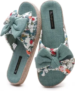 House Slippers for Women with Bow Comfy Indoor Open Toe Slides with Low Arch Support Rubber Sole for Summer