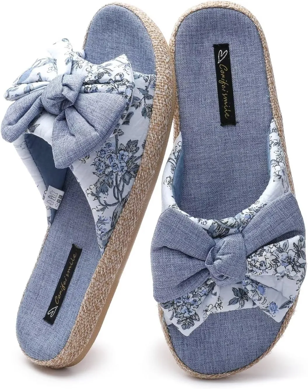 House Slippers for Women with Bow Comfy Indoor Open Toe Slides with Low Arch Support Rubber Sole for Summer